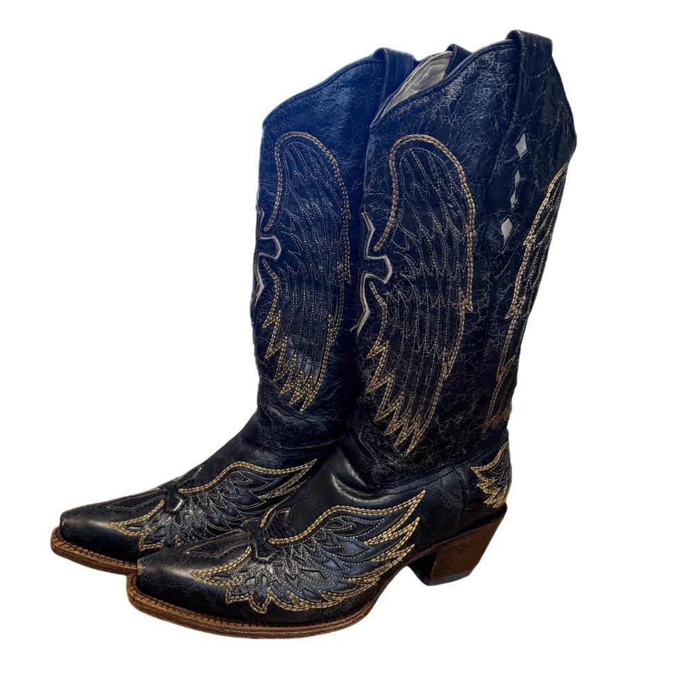 CORRAL Vintage Wing & Cross Western Boots Women 8.5 Black Distressed Inlay - Picture 3 of 11